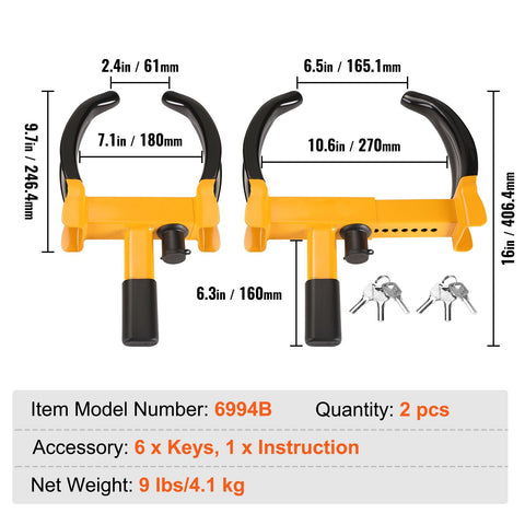 Wheel Lock, 2 Packs Universal Wheel Clamp Lock, Adjustable Anti Theft Trailer Lock Wheel Clamp, Heavy-duty Steel Tire Lock for ATV RV SUV Car Golf Cart Boats Motorcycles, with 6 Keys