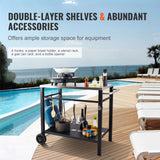 Outdoor Grill Dining Cart with Double-Shelf, 85*55cm BBQ Movable Food Prep Table, Multifunctional Stainless Steel Table Top, Portable Modular Carts for Pizza Oven, Worktable with 2 Wheels, Carry Handle