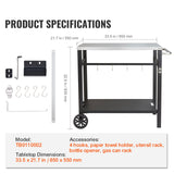 Outdoor Grill Dining Cart with Double-Shelf, 85*55cm BBQ Movable Food Prep Table, Multifunctional Stainless Steel Table Top, Portable Modular Carts for Pizza Oven, Worktable with 2 Wheels, Carry Handle