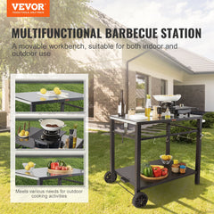 VEVOR Outdoor Grill Dining Cart with Double-Shelf,  85*55cm BBQ Movable Food Prep Table, Multifunctional Iron Table Top, Portable Modular Carts for Pizza Oven, Worktable with 2 Wheels, Carry Handle, Black