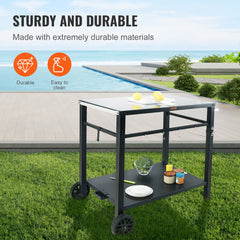 VEVOR Outdoor Grill Dining Cart with Double-Shelf,  85*55cm BBQ Movable Food Prep Table, Multifunctional Iron Table Top, Portable Modular Carts for Pizza Oven, Worktable with 2 Wheels, Carry Handle, Black