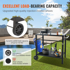 VEVOR Outdoor Grill Dining Cart with Double-Shelf,  85*55cm BBQ Movable Food Prep Table, Multifunctional Iron Table Top, Portable Modular Carts for Pizza Oven, Worktable with 2 Wheels, Carry Handle, Black