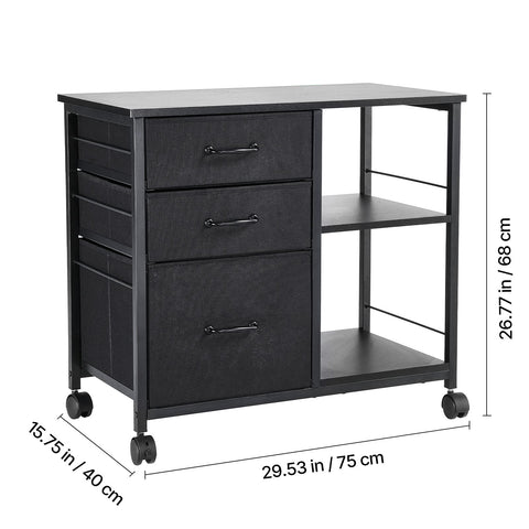 Mobile Metal File Cabinet with 3 Fabric Drawers and 2 Open Shelves Black