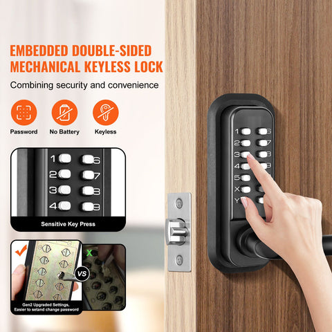 Mechanical Keyless Entry Door Lock, 14 Digit Keypad, Water-proof Zinc Alloy, Double-sided Embedded Outdoor Gate Door Locks Set with Keypad and Handle, Easy to Install, for Garden, Garage, Yard
