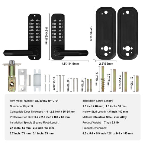Mechanical Keyless Entry Door Lock, 14 Digit Keypad, Water-proof Zinc Alloy, Double-sided Embedded Outdoor Gate Door Locks Set with Keypad and Handle, Easy to Install, for Garden, Garage, Yard