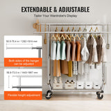 Heavy Duty Clothes Rack, Double Hanging Rod Clothing Garment Rack for Hanging Clothes, Adjustable Height and Extendable Length Clothing Rack with Bottom Storage Area, 272 KG Load Capacity