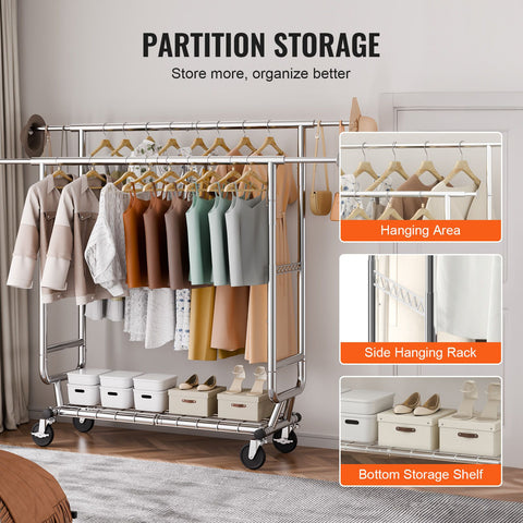 Heavy Duty Clothes Rack, Double Hanging Rod Clothing Garment Rack for Hanging Clothes, Adjustable Height and Extendable Length Clothing Rack with Bottom Storage Area, 272 KG Load Capacity