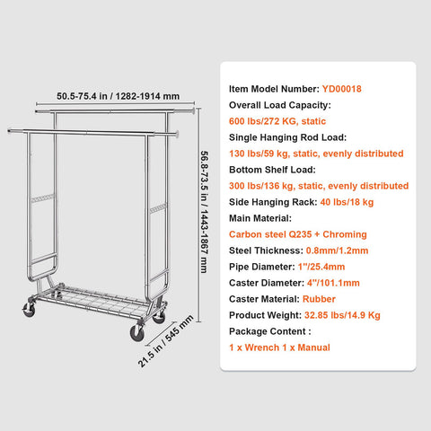 Heavy Duty Clothes Rack, Double Hanging Rod Clothing Garment Rack for Hanging Clothes, Adjustable Height and Extendable Length Clothing Rack with Bottom Storage Area, 272 KG Load Capacity