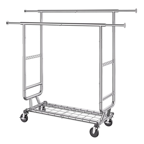 Heavy Duty Clothes Rack, Double Hanging Rod Clothing Garment Rack for Hanging Clothes, Adjustable Height and Extendable Length Clothing Rack with Bottom Storage Area, 272 KG Load Capacity