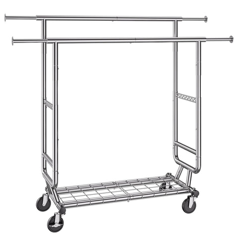 Heavy Duty Clothes Rack, Double Hanging Rod Clothing Garment Rack for Hanging Clothes, Adjustable Height and Extendable Length Clothing Rack with Bottom Storage Area, 272 KG Load Capacity