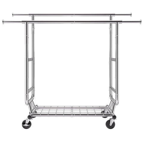 Heavy Duty Clothes Rack, Double Hanging Rod Clothing Garment Rack for Hanging Clothes, Adjustable Height and Extendable Length Clothing Rack with Bottom Storage Area, 272 KG Load Capacity