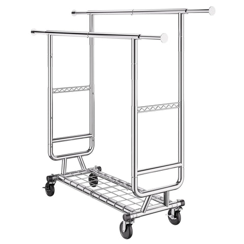 Heavy Duty Clothes Rack, Double Hanging Rod Clothing Garment Rack for Hanging Clothes, Adjustable Height and Extendable Length Clothing Rack with Bottom Storage Area, 272 KG Load Capacity