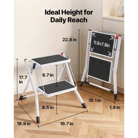 Step Ladder 2-Step 150kg Capacity, Ergonomic Folding Steel Step Stool with Wide Anti-Slip Pedal, Sturdy Step Stool for Adults Toddlers, Multi-Use for Household, Kitchen, Office, RVs