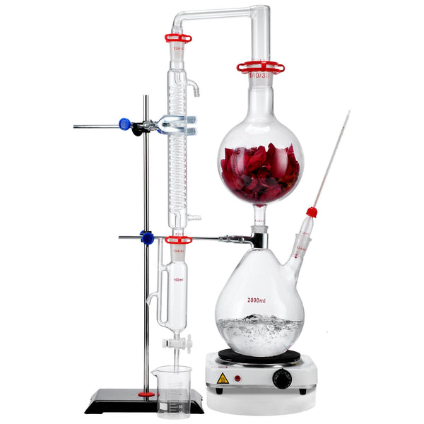 Essential Oil Distillation Kit, 2000ml Distillation Apparatus, 3.3 Boro Lab Glassware Distillation Kit with 1000W Heating Plate and 24, 40 Joint, 28 pcs Set
