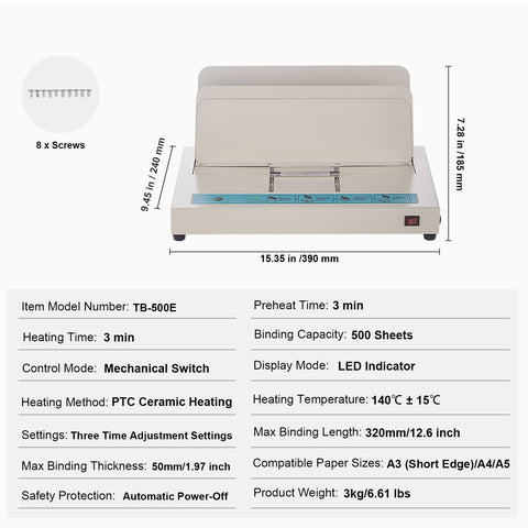 Thermal Binding Machine, 500 Sheets Capacity Book Binding Machine, Thermal Book Binder 50mm Binding Thickness A3(Short Edge)/A4/A5 Document, with Infrared Optical Detection