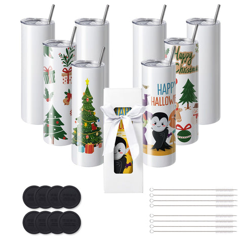 8 Pack Straight Sublimation Tumblers, 30 oz Blank Tumbler Bulk, Stainless Steel Double Wall Tumbler Cups with Straw, Lid, Brush, Base, Shrink Wrap, Gift Box, for Heat Press and Heat Transfer