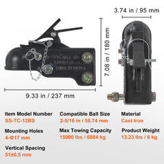 VEVOR Adjustable Trailer Coupler, 2-5/16" Hitch Ball, 15000 lbs Capacity, Heavy Duty Cast Channel-Mount Coupler with Hardware Kit, Ideal for Towing Station Wagons, Pickup Trucks, SUVs, Black Coating