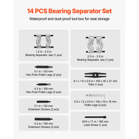 Bearing Puller Kit, 14-Piece 5 Ton Capacity Bearing Separator, Pinion Wheel Bearing Removal Kit with 50 mm and 70 mm Jaws, Bearing Puller Set, Heavy Duty Bearing Splitter Tool Kit with Case