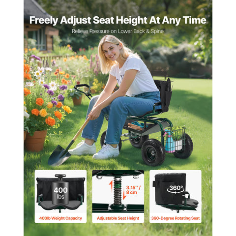 Rolling Garden Cart with Swivel Seat Wheels Extendable Handle Storage Box