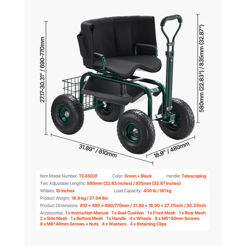 Rolling Garden Cart with Swivel Seat Wheels Extendable Handle Storage Box