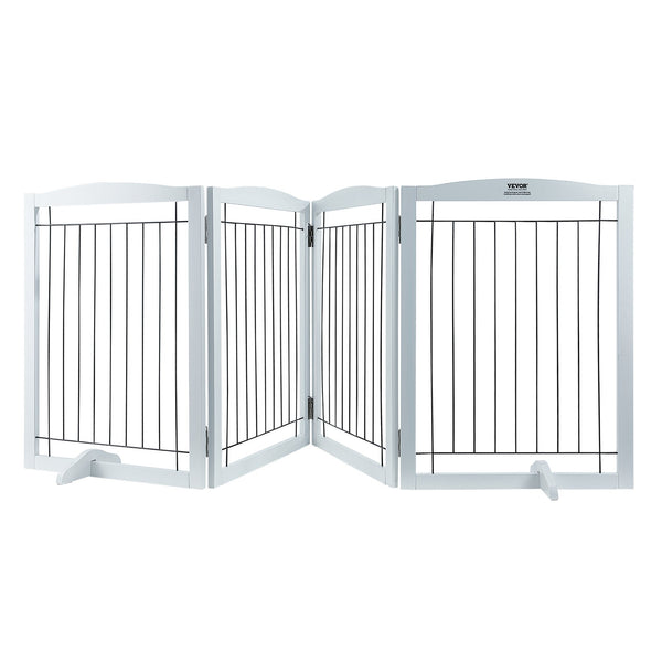 Free Standing Dog Gate, 32" H x 96.5" W Freestanding Pet Gate, 4 Panels Foldable Dog Gate for Wide and Narrow Passageways, Expandable Dog Barrier with Silent Foot Support for Indoor, White