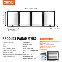 VEVOR Free Standing Dog Gate 32x96.5 inch Freestanding Pet Gate Foldable Brown