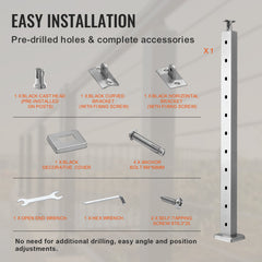 VEVOR Cable Railing Post Level Deck Stair Post 36 x 0.98 x 1.97" Cable Handrail Post Stainless Steel Wire Drawing Deck Railing Pre-Drilled Pickets with Mounting Bracket Stair Railing Kit Silver, 91.4*2.5*5cm