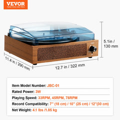 VEVOR Bluetooth Vinyl Record Player 3-Speed Belt Driven Turntable 3W Speakers