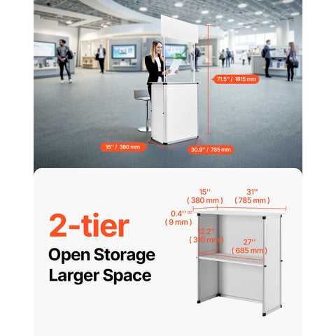 Portable Tradeshow Podium Table, 785 x 380 x 1815 mm, Display Exhibition Counter Stand Booth Fair with Wall, Foldable Promotion Retail Bar Table Pop Up Podium with Storage Rack/Carrying Bag