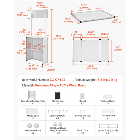 Portable Tradeshow Podium Table, 785 x 380 x 1815 mm, Display Exhibition Counter Stand Booth Fair with Wall, Foldable Promotion Retail Bar Table Pop Up Podium with Storage Rack/Carrying Bag