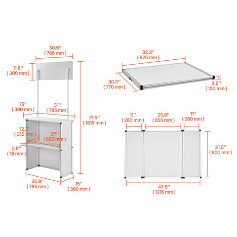 Portable Tradeshow Podium Table, 785 x 380 x 1815 mm, Display Exhibition Counter Stand Booth Fair with Wall, Foldable Promotion Retail Bar Table Pop Up Podium with Storage Rack/Carrying Bag