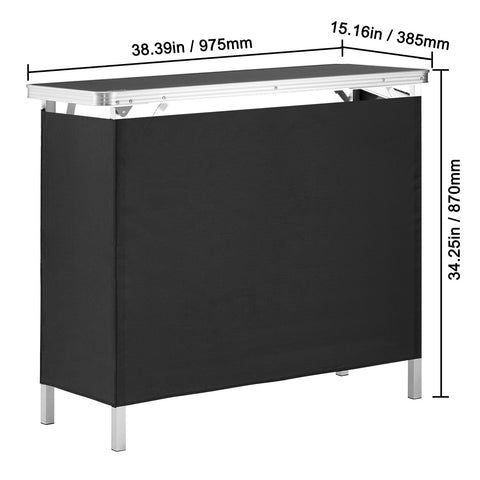 Folding Portable Bar Table, Tradeshow Podium Table for Indoor, Outdoor, Party, Picnic, Exhibition, Includes Carrying Case, Storage Shelf and Black Skirt, 38.39" x 15.16" x 34.25“