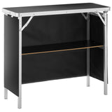 Folding Portable Bar Table, Tradeshow Podium Table for Indoor, Outdoor, Party, Picnic, Exhibition, Includes Carrying Case, Storage Shelf and Black Skirt, 38.39" x 15.16" x 34.25“