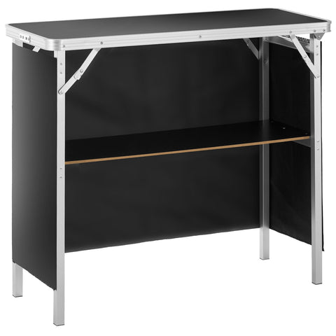 Folding Portable Bar Table, Tradeshow Podium Table for Indoor, Outdoor, Party, Picnic, Exhibition, Includes Carrying Case, Storage Shelf and Black Skirt, 38.39" x 15.16" x 34.25“