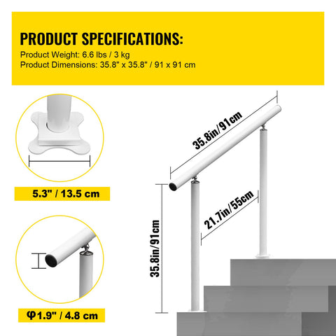 Handrail Outdoor Stairs, 3ft, 34 Inch Outdoor Handrail, Outdoor Stair Railing Adjustable from 0 to 60 Degrees Handrail for Stairs Outdoor White Aluminum Stair Railing for Garden, Office Area