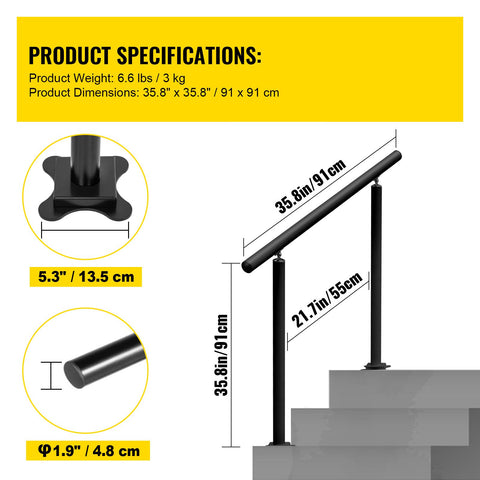 Handrail Outdoor Stairs, 3ft, 34 Inch Outdoor Handrail, Outdoor Stair Railing Adjustable from 0 to 60 Degrees Handrail for Stairs Outdoor Black Aluminum Stair Railing for Garden, Office Area