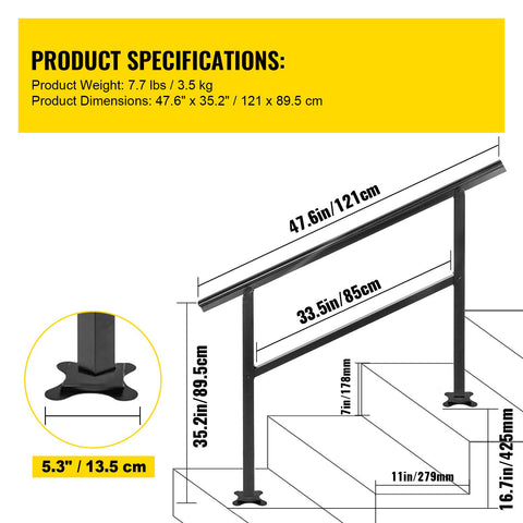 Handrail Outdoor Stairs 47.6 X 35.2 Inch Outdoor Handrail Outdoor Stair Railing Adjustable from 0 to 30 Degrees Handrail for Stairs Outdoor Aluminum Black Stair Railing Fit 3-4 Steps