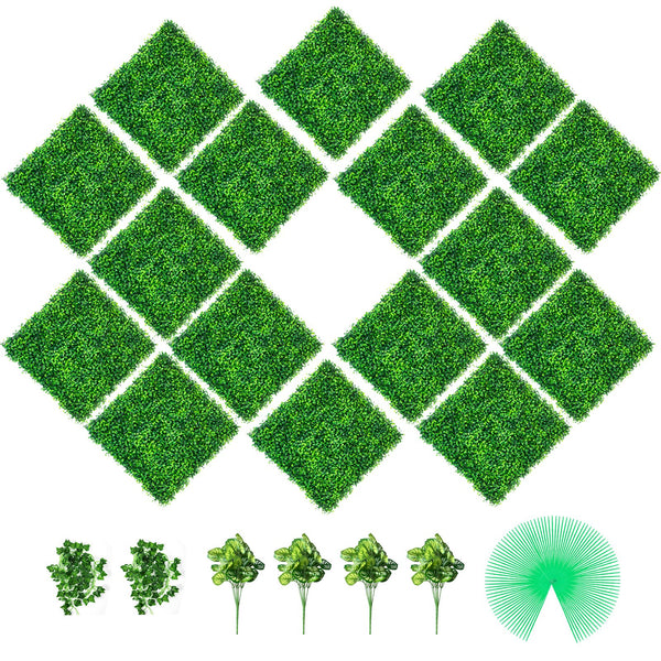 VEVOR Artificial Boxwood Panels, 16 PCS 20"x20" Boxwood Hedge Wall Panels, PE Artificial Grass Backdrop Wall 1.6"", Privacy Hedge Screen for Decoration of Outdoor, Indoor, Garden, Fence, and Backyar