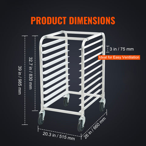 Bun Pan Rack, 10-Tier Commercial Bakery Racks with Brake Wheels, Aluminum Racking Trolley Storage for Half & Full Sheet, Speed Rack For Kitchen Home, Bread Baking Equipment, 660x515x985 mm