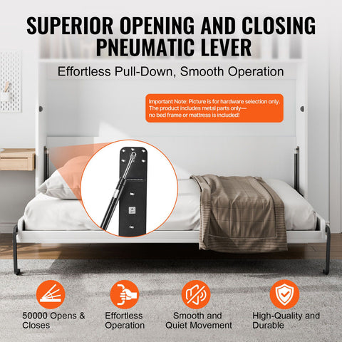 Murphy Bed Kit, Full Size, Deluxe DIY Wall Bed Mechanical Hardware Kit, Pneumatic Lever Heavy Duty Bed Frame Support, Folding Cabinet Wall Bed Space Saving Design for Guestroom, Easy to Build