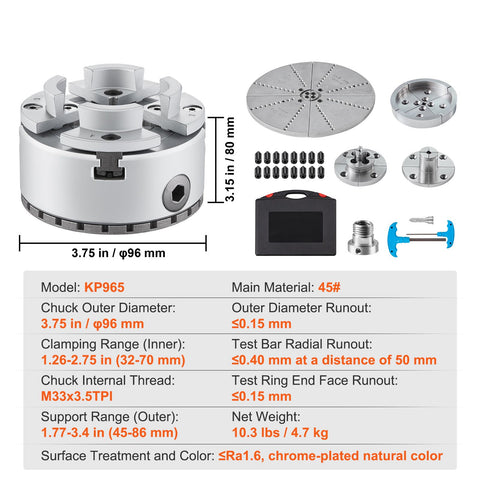 KP965 Lathe Chuck, 4-Jaw 96 mm Diameter, Metal Lathe Chuck Turning Machine Accessories with 5 Sets of Jaws, Self-centering Tool, for Precision Machining, Grinding Machines, Milling Machines