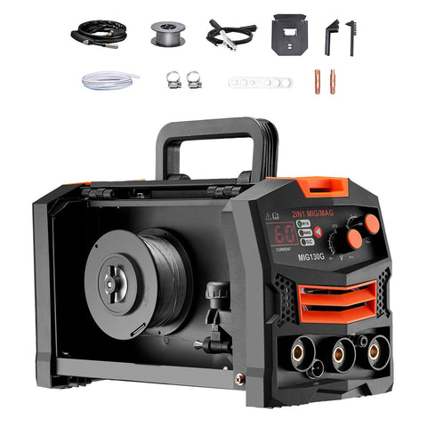 MIG Welder, 130A Synergic Mig Welding Machine, 2-in-1 Gas MIG/Gasless Flux Core MIG Multi-Process Welder Machine, Portable Mig Welder with IGBT Inverter Technology & Digital Display Screen