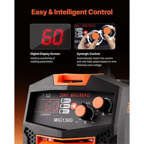 MIG Welder, 130A Synergic Mig Welding Machine, 2-in-1 Gas MIG/Gasless Flux Core MIG Multi-Process Welder Machine, Portable Mig Welder with IGBT Inverter Technology & Digital Display Screen