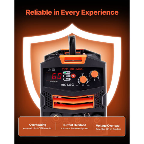 MIG Welder, 130A Synergic Mig Welding Machine, 2-in-1 Gas MIG/Gasless Flux Core MIG Multi-Process Welder Machine, Portable Mig Welder with IGBT Inverter Technology & Digital Display Screen