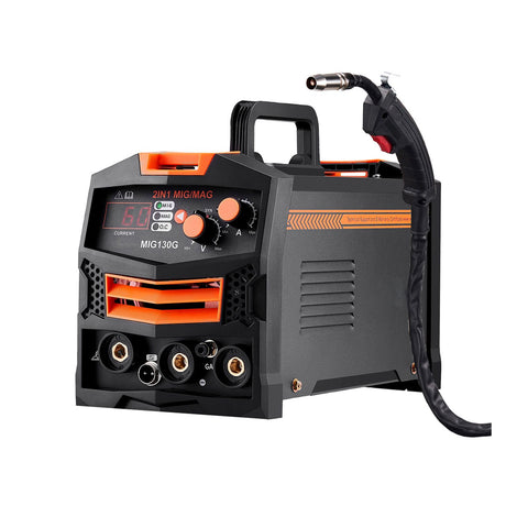 MIG Welder, 130A Synergic Mig Welding Machine, 2-in-1 Gas MIG/Gasless Flux Core MIG Multi-Process Welder Machine, Portable Mig Welder with IGBT Inverter Technology & Digital Display Screen