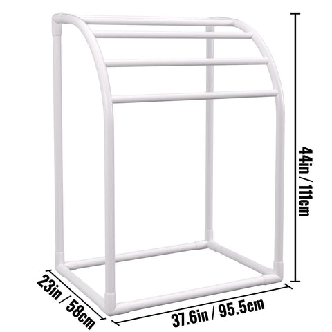 Pool Towel Rack, 5 Bar, Milky, Freestanding Outdoor PVC Curved Poolside Storage Organizer, Include 8 Towel Clips, Mesh Bag, Hook, Also Stores Floats and Paddles, for Beach, Swimming Pool, Home