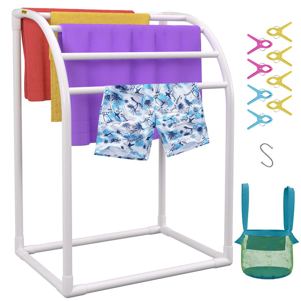 Pool Towel Rack, 5 Bar, Milky, Freestanding Outdoor PVC Curved Poolside Storage Organizer, Include 8 Towel Clips, Mesh Bag, Hook, Also Stores Floats and Paddles, for Beach, Swimming Pool, Home