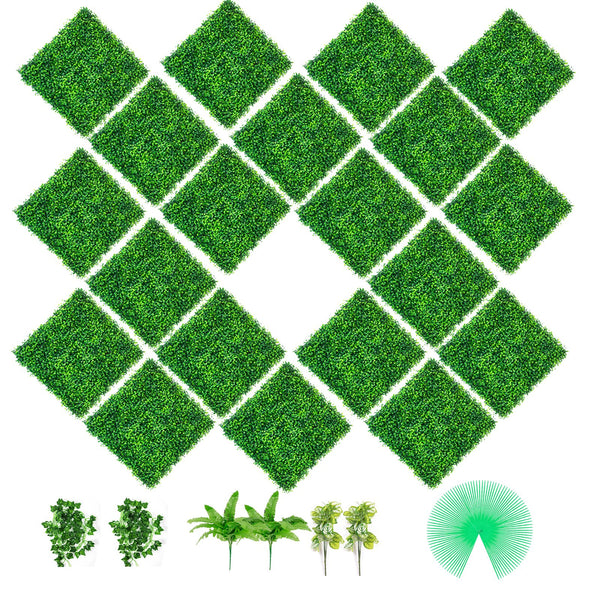 Artificial Boxwood Panels, 20 PCS 20""x20"" Boxwood Hedge Wall Panels, PE Artificial Grass Backdrop Wall 1.6"", Privacy Hedge Screen for Decoration of Outdoor, Indoor, Garden, Fence, and Backyar