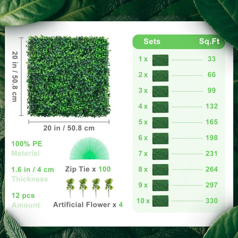 Artificial Boxwood Panel UV 12pcs Boxwood Hedge Wall Panels Artificial Grass Backdrop Wall 20X20" 4cm Green Grass Wall Fake Hedge for Decor Privacy Fence Indoor Outdoor Garden Backyard