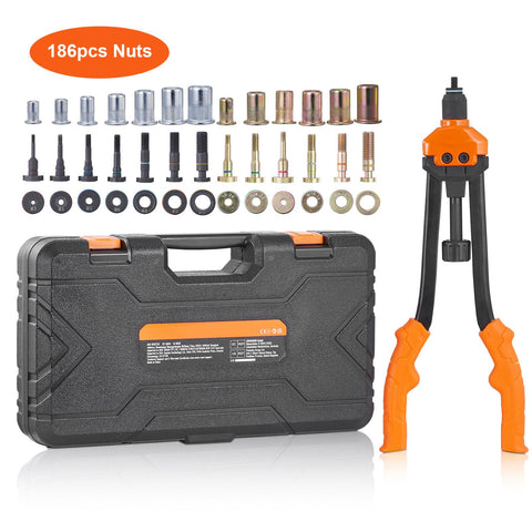 Rivet Nut Tool, 16” Rivnut Tool Kit with 13PCS Metric and SAE Mandrels, 186PCS Rivet Nuts, M3, M4, 10-24, M5, M6, 1/4-20, 8-32, 5/16-18, M8, 3/8-16, M10, M12, 1/2-13, With Carrying Case